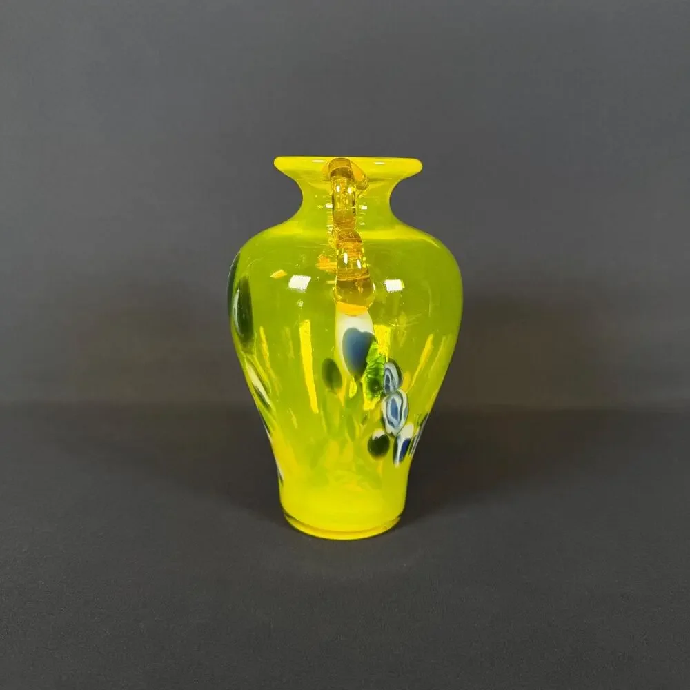 Hand Blown Art Glass Vase Yellow Handles Murano style vintage 7in